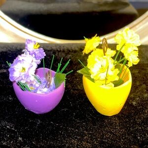 2 Easter Egg & floral photo holders, Selling as a pair 1&1/2 inches tall at base